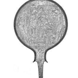 Specchio in bronzo con raffigurazione di Hercle (Eracle) allattato da Uni (Era), Volterra, 330 a.C. circa